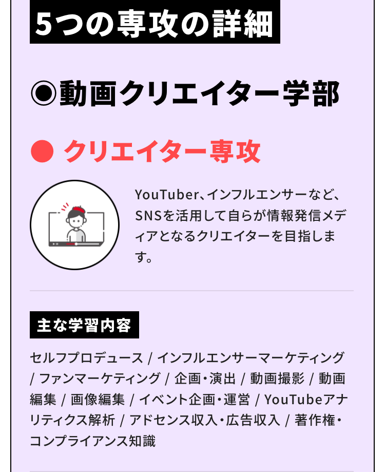5つの専攻の詳細
◎動画クリエイター学部
●クリエイター専攻
YouTuber、インフルエンサーなど、SNSを活用して自らが情報発信メディアとなるクリエイターを目指します。
主な学習内容
セルフプロデュース / インフルエンサーマーケティング / ファンマーケティング / 企画・演出 / 動画撮影 / 動画編集 / 画像編集 / イベント企画・運営 / YouTubeアナリティクス解析 / アドセンス収入・広告収入 / 著作権・コンプライアンス知識